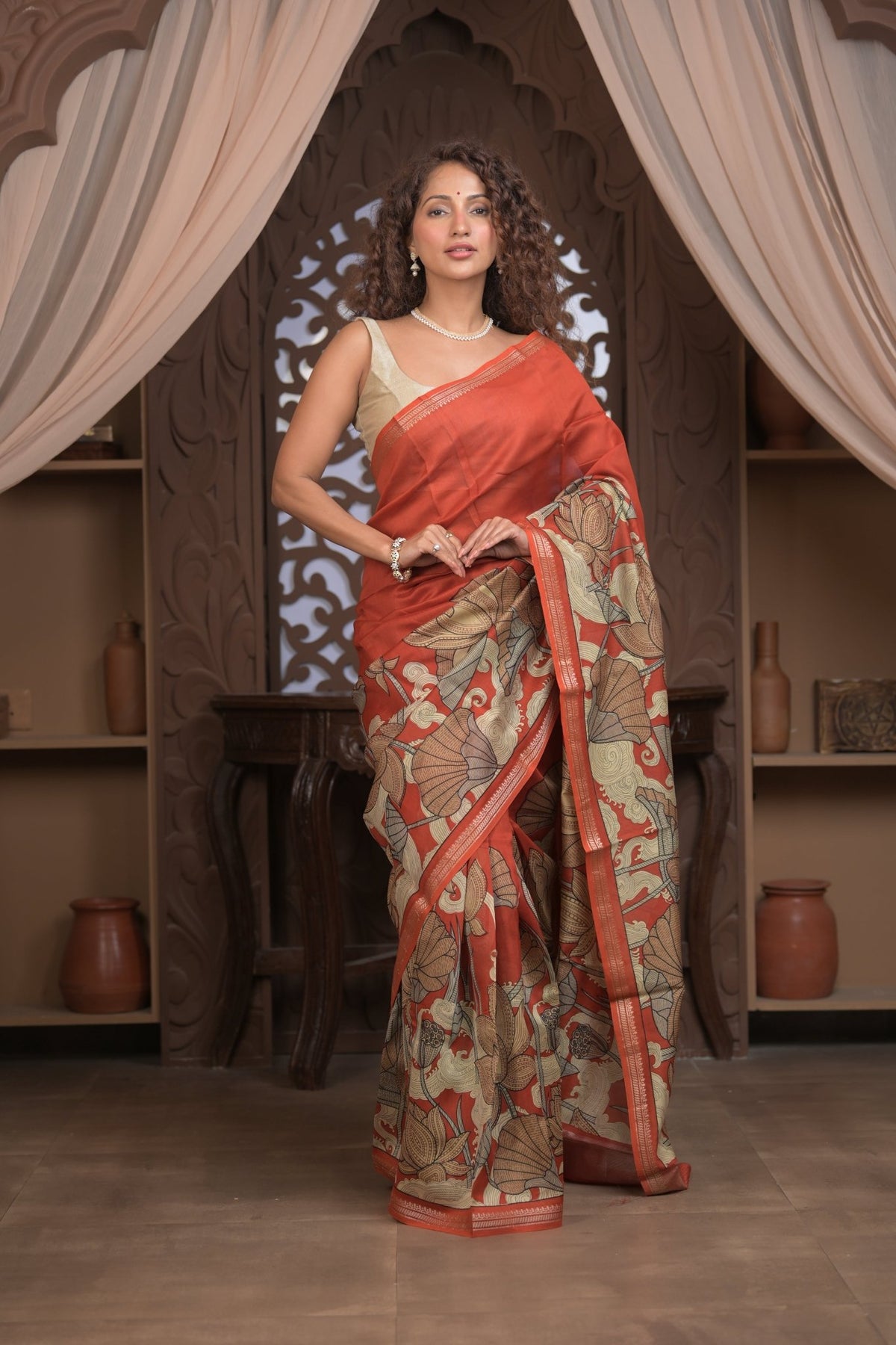 Bengal Gatha ~ Designer Chanderi Cotton Silk Saree with Digital Print in Shades of Orange - verymuchindian.com