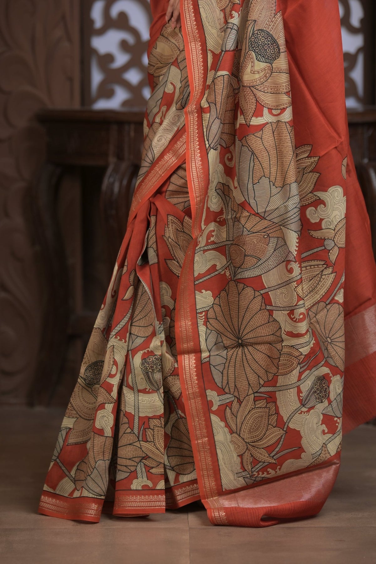 Bengal Gatha ~ Designer Chanderi Cotton Silk Saree with Digital Print in Shades of Orange - verymuchindian.com