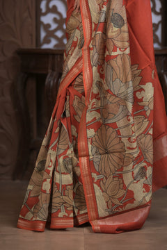 Bengal Gatha ~ Designer Chanderi Cotton Silk Saree with Digital Print in Shades of Orange - verymuchindian.com