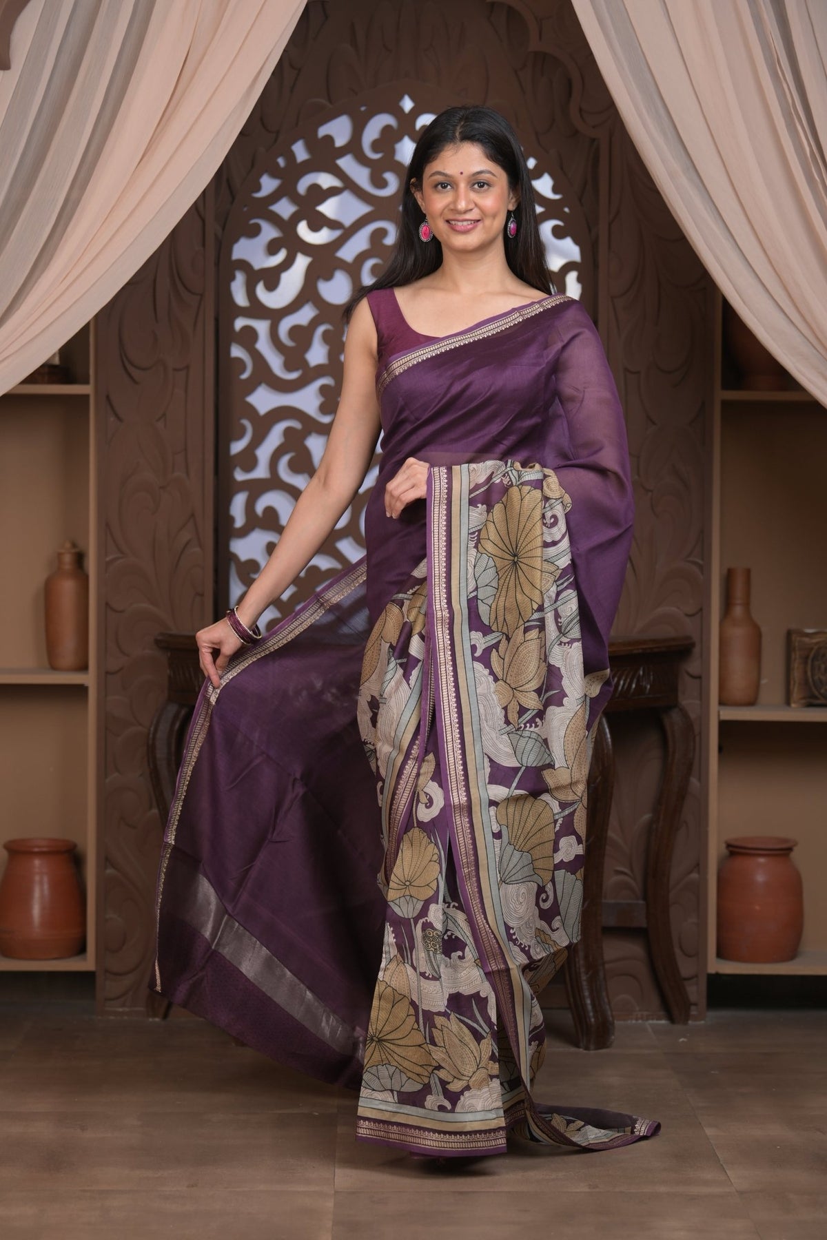 Bengal Gatha ~ Designer Chanderi Cotton Silk Saree with Digital Print in Shades of Purple - verymuchindian.com