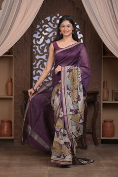 Bengal Gatha ~ Designer Chanderi Cotton Silk Saree with Digital Print in Shades of Purple - verymuchindian.com