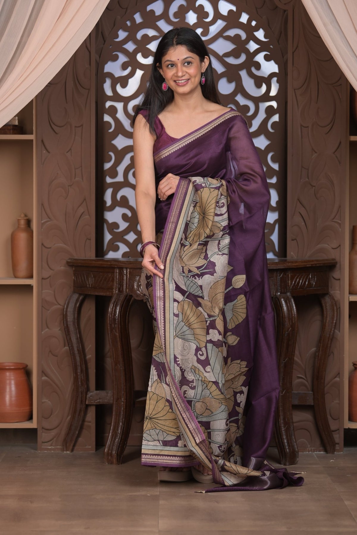 Bengal Gatha ~ Designer Chanderi Cotton Silk Saree with Digital Print in Shades of Purple - verymuchindian.com