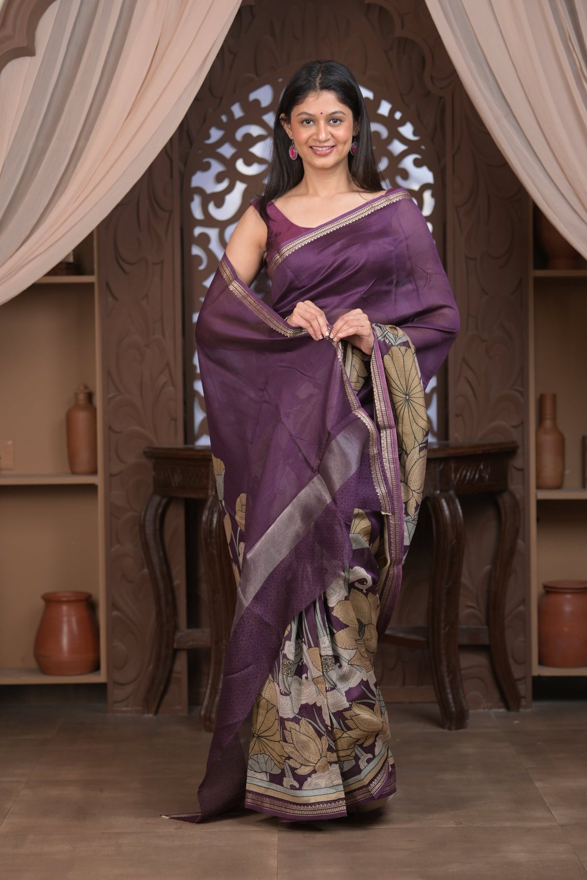 Bengal Gatha ~ Designer Chanderi Cotton Silk Saree with Digital Print in Shades of Purple - verymuchindian.com