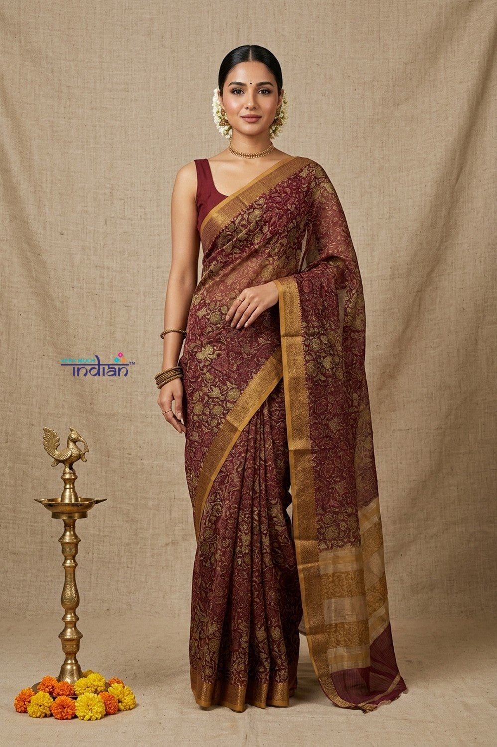 Bengal Gatha ~ Designer Chanderi Cotton Silk Saree with Floral Digital Print in Brown - verymuchindian.com