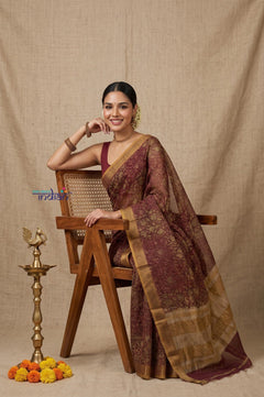 Bengal Gatha ~ Designer Chanderi Cotton Silk Saree with Floral Digital Print in Brown - verymuchindian.com
