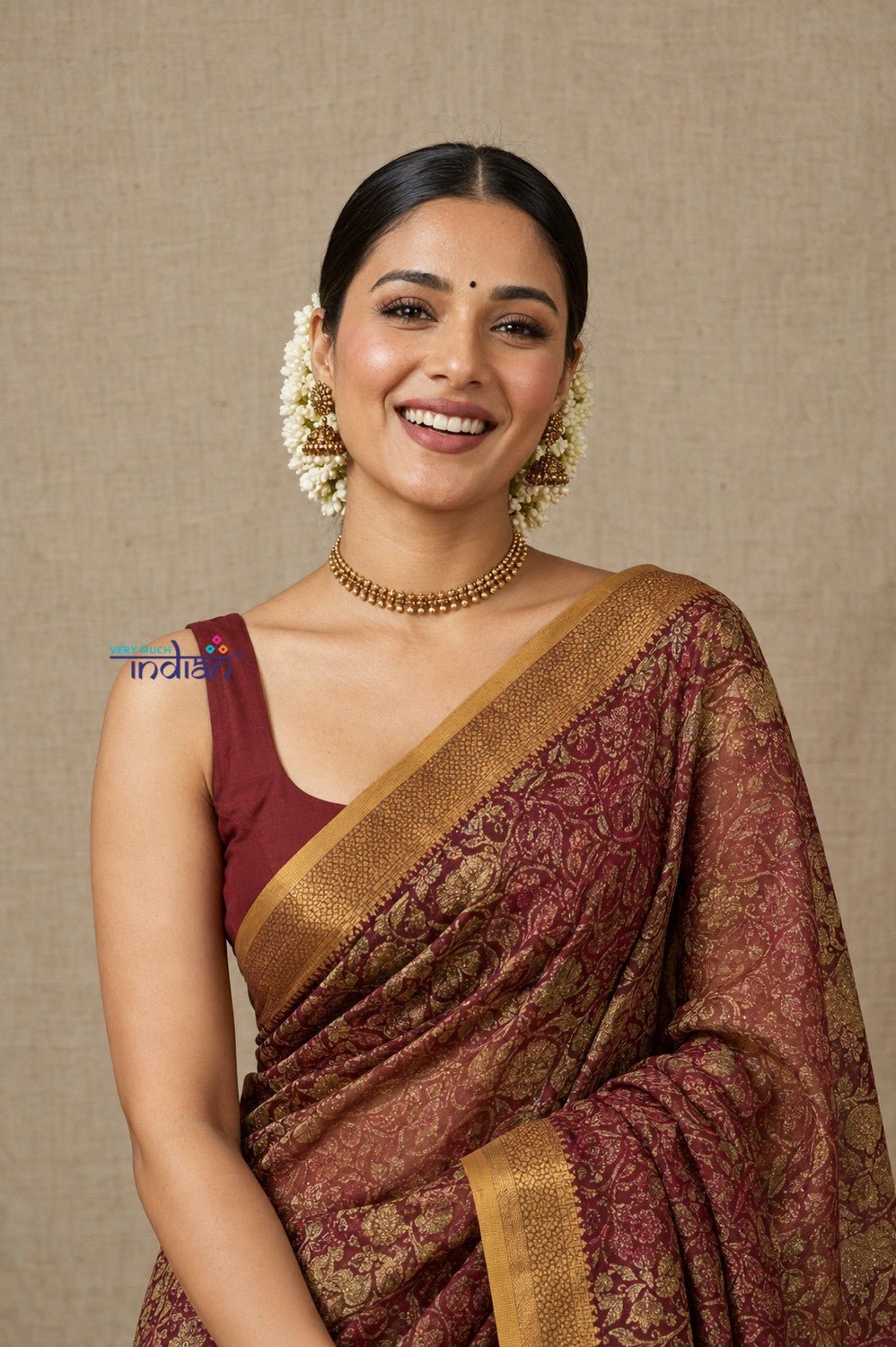 Bengal Gatha ~ Designer Chanderi Cotton Silk Saree with Floral Digital Print in Brown - verymuchindian.com