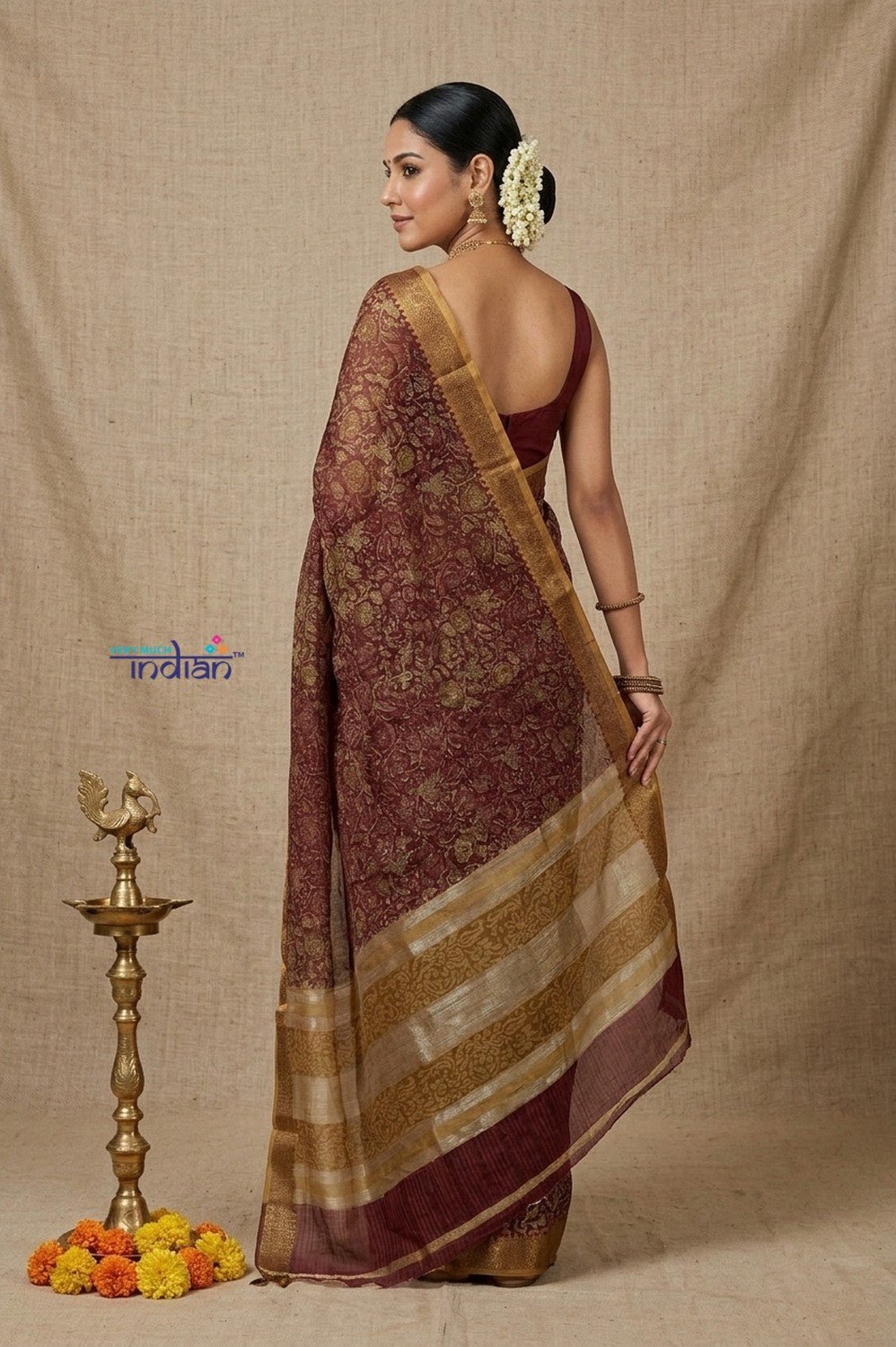 Bengal Gatha ~ Designer Chanderi Cotton Silk Saree with Floral Digital Print in Brown - verymuchindian.com