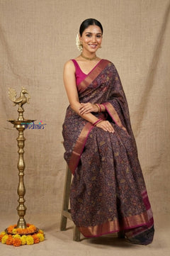 Bengal Gatha ~ Designer Chanderi Cotton Silk Saree with Floral Print in Dark Purple - verymuchindian.com