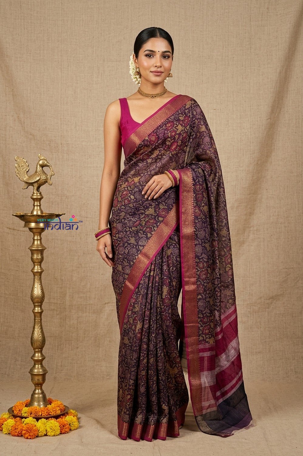 Bengal Gatha ~ Designer Chanderi Cotton Silk Saree with Floral Print in Dark Purple - verymuchindian.com