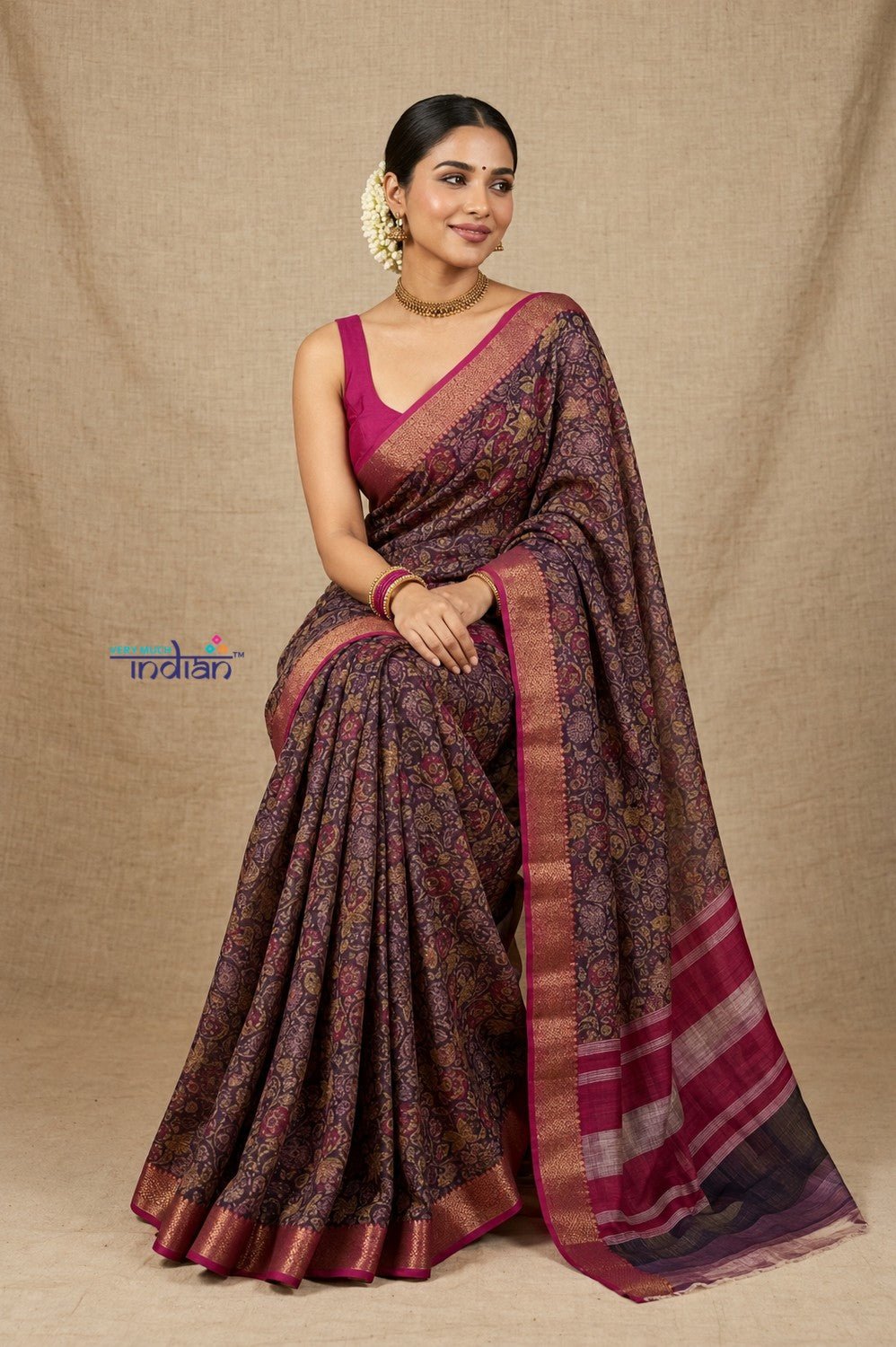 Bengal Gatha ~ Designer Chanderi Cotton Silk Saree with Floral Print in Dark Purple - verymuchindian.com