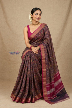 Bengal Gatha ~ Designer Chanderi Cotton Silk Saree with Floral Print in Dark Purple - verymuchindian.com