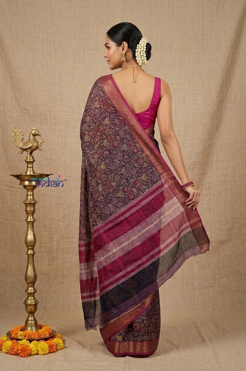 Bengal Gatha ~ Designer Chanderi Cotton Silk Saree with Floral Print in Dark Purple - verymuchindian.com
