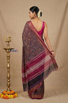 Bengal Gatha ~ Designer Chanderi Cotton Silk Saree with Floral Print in Dark Purple - verymuchindian.com