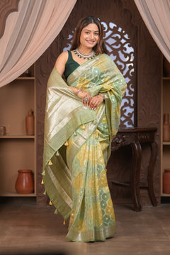 Bengal Gatha ~ Designer Chanderi Cotton Silk Saree with Hexagon Pattern in Green and Yellow - verymuchindian.com