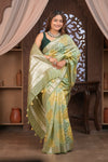 Bengal Gatha ~ Designer Chanderi Cotton Silk Saree with Hexagon Pattern in Green and Yellow - verymuchindian.com