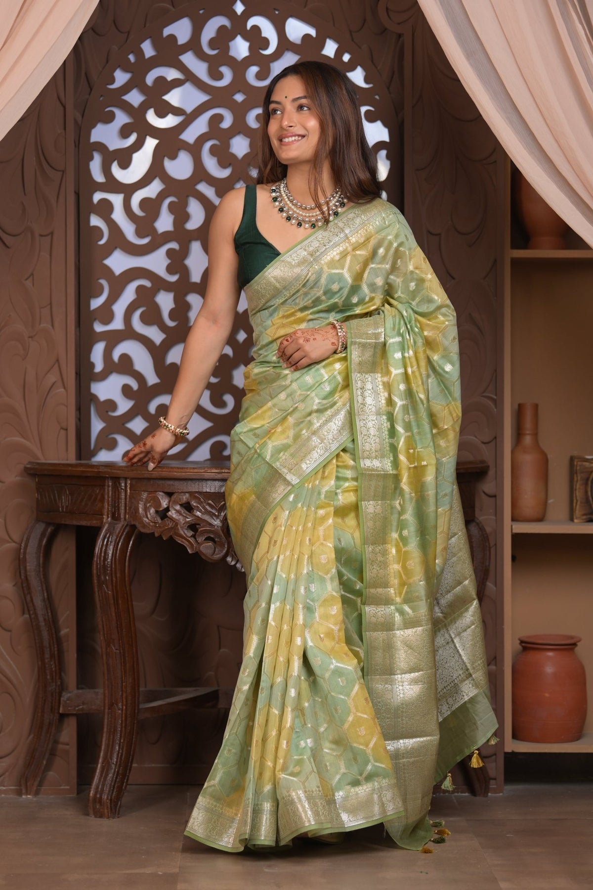 Bengal Gatha ~ Designer Chanderi Cotton Silk Saree with Hexagon Pattern in Green and Yellow - verymuchindian.com