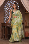 Bengal Gatha ~ Designer Chanderi Cotton Silk Saree with Hexagon Pattern in Green and Yellow - verymuchindian.com