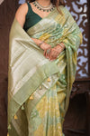 Bengal Gatha ~ Designer Chanderi Cotton Silk Saree with Hexagon Pattern in Green and Yellow - verymuchindian.com