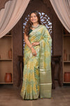 Bengal Gatha ~ Designer Chanderi Cotton Silk Saree with Hexagon Pattern in Green and Yellow - verymuchindian.com