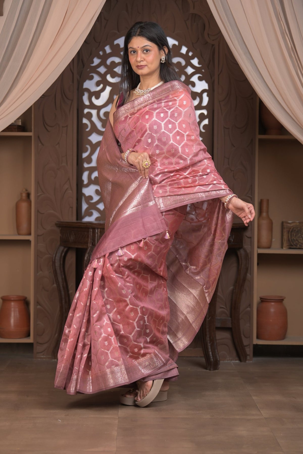Bengal Gatha ~ Designer Chanderi Cotton Silk Saree with Hexagonal Pattern in Squalane Pink - verymuchindian.com