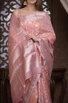 Bengal Gatha ~ Designer Chanderi Cotton Silk Saree with Quadrant Pattern in Peach Pink - verymuchindian.com