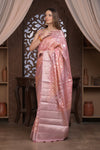 Bengal Gatha ~ Designer Chanderi Cotton Silk Saree with Quadrant Pattern in Peach Pink - verymuchindian.com