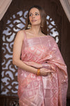 Bengal Gatha ~ Designer Chanderi Cotton Silk Saree with Quadrant Pattern in Peach Pink - verymuchindian.com