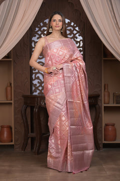 Bengal Gatha ~ Designer Chanderi Cotton Silk Saree with Quadrant Pattern in Peach Pink - verymuchindian.com
