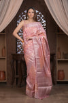 Bengal Gatha ~ Designer Chanderi Cotton Silk Saree with Quadrant Pattern in Peach Pink - verymuchindian.com