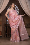 Bengal Gatha ~ Designer Chanderi Cotton Silk Saree with Quadrant Pattern in Peach Pink - verymuchindian.com