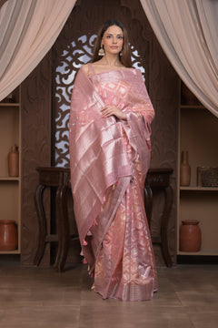 Bengal Gatha ~ Designer Chanderi Cotton Silk Saree with Quadrant Pattern in Peach Pink - verymuchindian.com