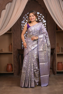 Bengal Gatha ~ Designer Chanderi Cotton Silk Saree with Quadrant Pattern in Purplish Grey - verymuchindian.com