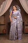Bengal Gatha ~ Designer Chanderi Cotton Silk Saree with Quadrant Pattern in Purplish Grey - verymuchindian.com