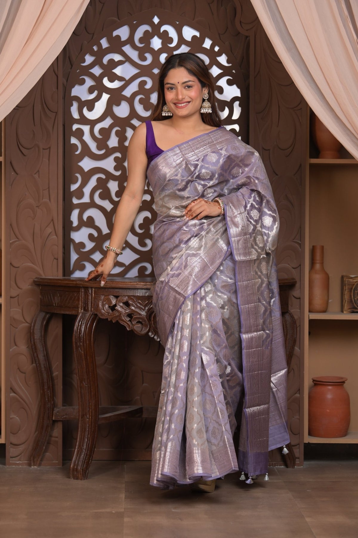 Bengal Gatha ~ Designer Chanderi Cotton Silk Saree with Quadrant Pattern in Purplish Grey - verymuchindian.com