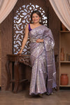Bengal Gatha ~ Designer Chanderi Cotton Silk Saree with Quadrant Pattern in Purplish Grey - verymuchindian.com