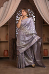 Bengal Gatha ~ Designer Chanderi Cotton Silk Saree with Quadrant Pattern in Purplish Grey - verymuchindian.com