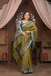 Bengal Gatha ~Designer Chanderi Saree with Digital Floral Print in Olive Green - verymuchindian.com