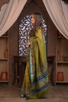 Bengal Gatha ~Designer Chanderi Saree with Digital Floral Print in Olive Green - verymuchindian.com