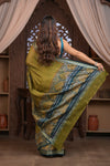 Bengal Gatha ~Designer Chanderi Saree with Digital Floral Print in Olive Green - verymuchindian.com