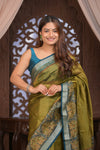 Bengal Gatha ~Designer Chanderi Saree with Digital Floral Print in Olive Green - verymuchindian.com