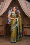Bengal Gatha ~Designer Chanderi Saree with Digital Floral Print in Olive Green - verymuchindian.com
