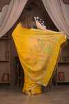 Bengal Gatha ~ Designer Linen Jamdhani Saree with Hand Weave in Turmeric Yellow - verymuchindian.com