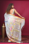 Bengal Gatha ~ Designer Linen Jamdhani Saree with Hand Weave in White - verymuchindian.com
