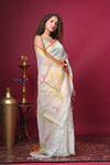 Bengal Gatha ~ Designer Linen Jamdhani Saree with Hand Weave in White - verymuchindian.com