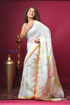 Bengal Gatha ~ Designer Linen Jamdhani Saree with Hand Weave in White - verymuchindian.com