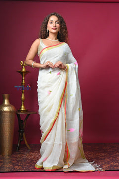 Bengal Gatha ~ Designer Linen Jamdhani Saree with Hand Weave in White - verymuchindian.com