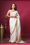 Bengal Gatha ~ Designer Linen Jamdhani Saree with Hand Weave in White - verymuchindian.com