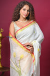 Bengal Gatha ~ Designer Linen Jamdhani Saree with Hand Weave in White - verymuchindian.com