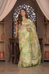 Bengal Gatha ~ Designer Organza Silk Saree with Digital Print in Lemon Yellow and Green - verymuchindian.com