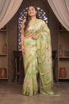 Bengal Gatha ~ Designer Organza Silk Saree with Digital Print in Lemon Yellow and Green - verymuchindian.com